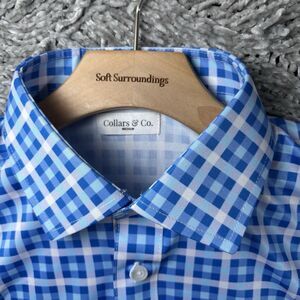 Collars & Co. Polo Shirt Men’s Medium Checkered Plaid Blue Short Sleeve Stretch